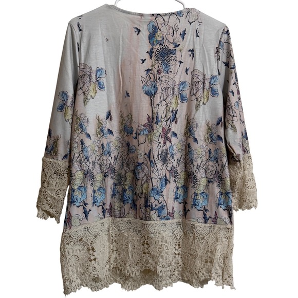 New Floral Lace Trim Henley Tunic Top Pink Blue Boho 3/4 Sleeve Medium - Picture 6 of 6